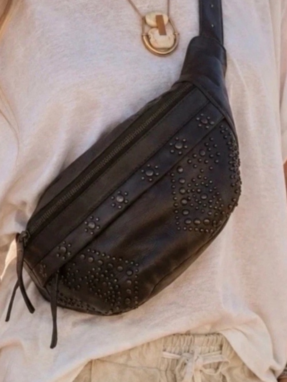 FREE PEOPLE Ana Adorned Sling Bag - Black Leather